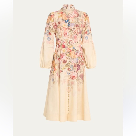 Zimmermann Dresses & Skirts - Zimmermann Cream Floral-Print Midi Dress with Belt